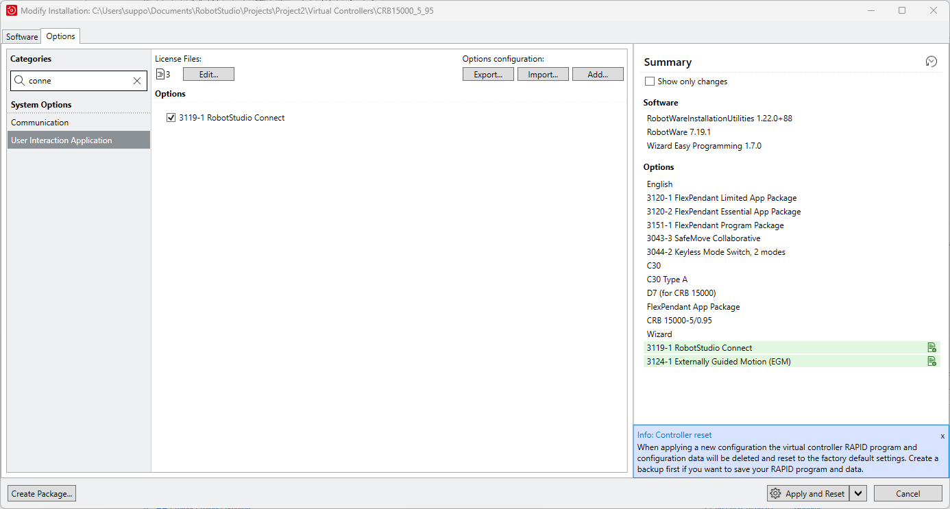 Additional options in the RobotStudio project.