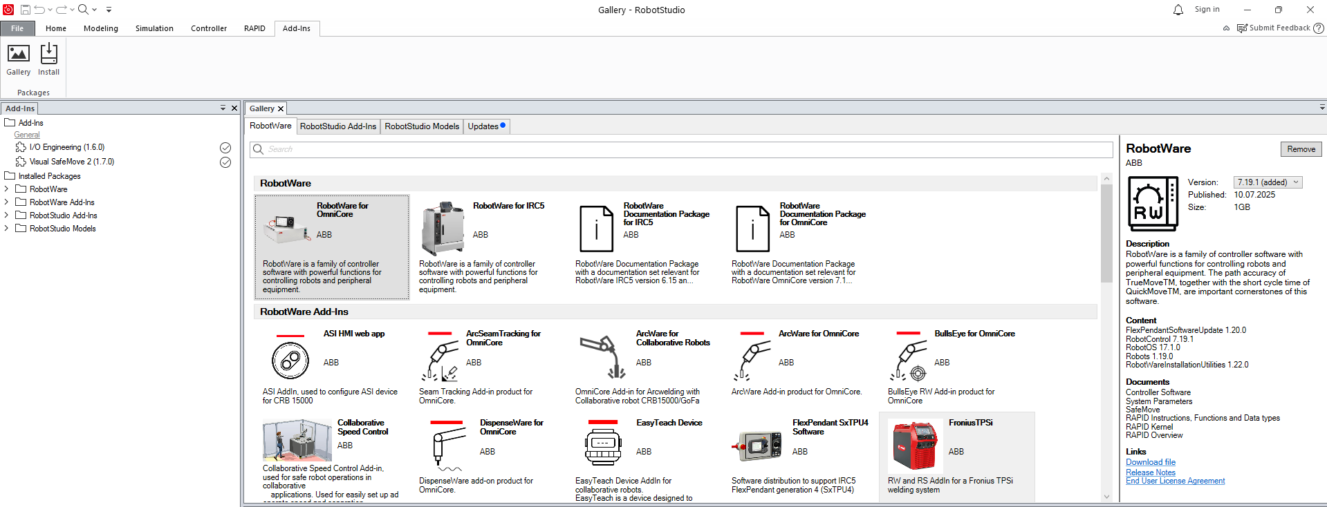 Install necessary addins in RobotStudio.