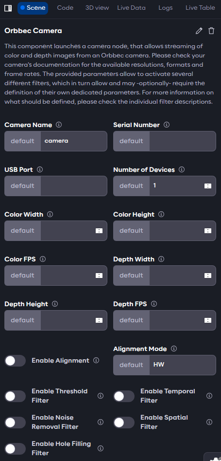Basic Orbbec camera parameters