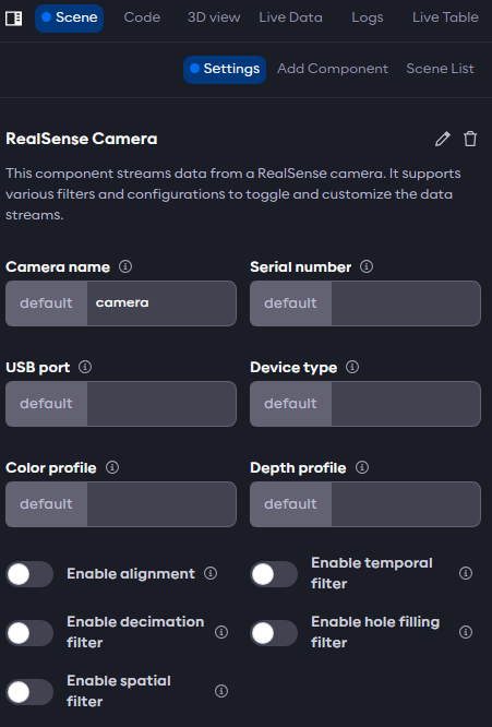 Basic RealSense camera parameters