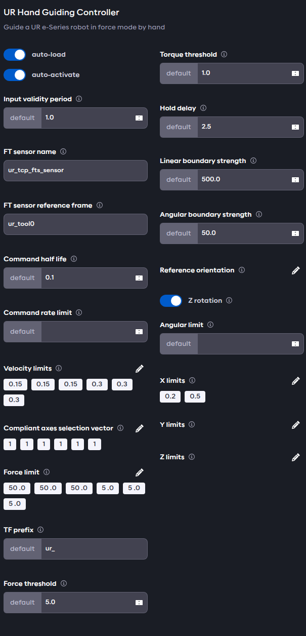Hand guiding controller parameters