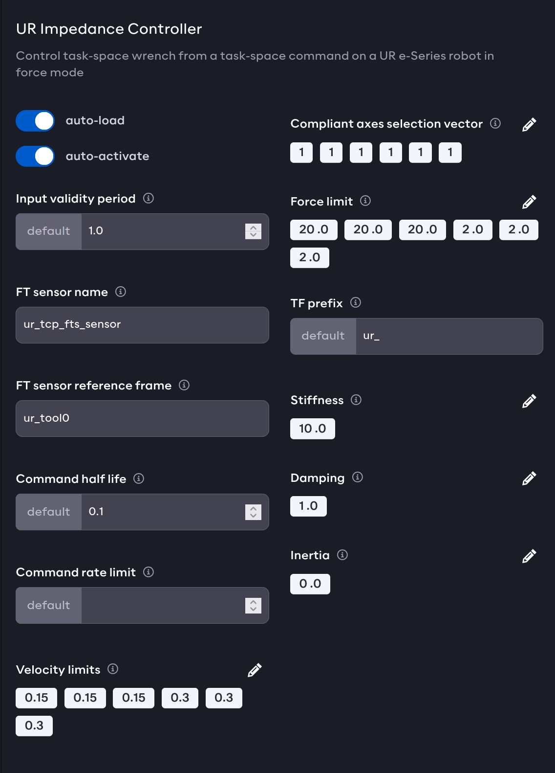 UR Impedance controller parameters