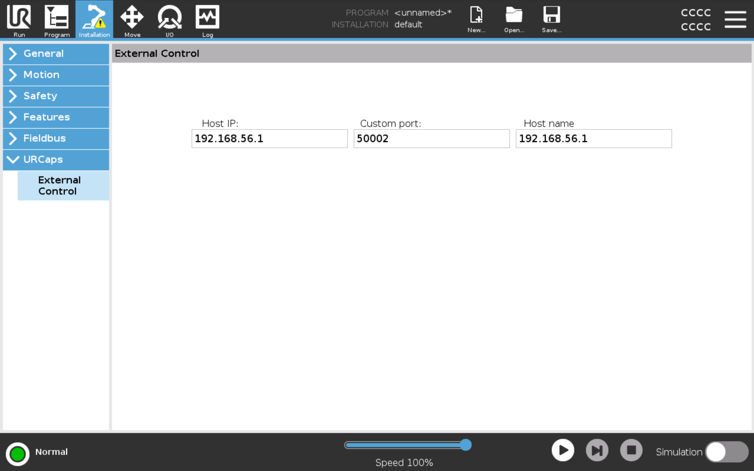 External control URCap networking settings